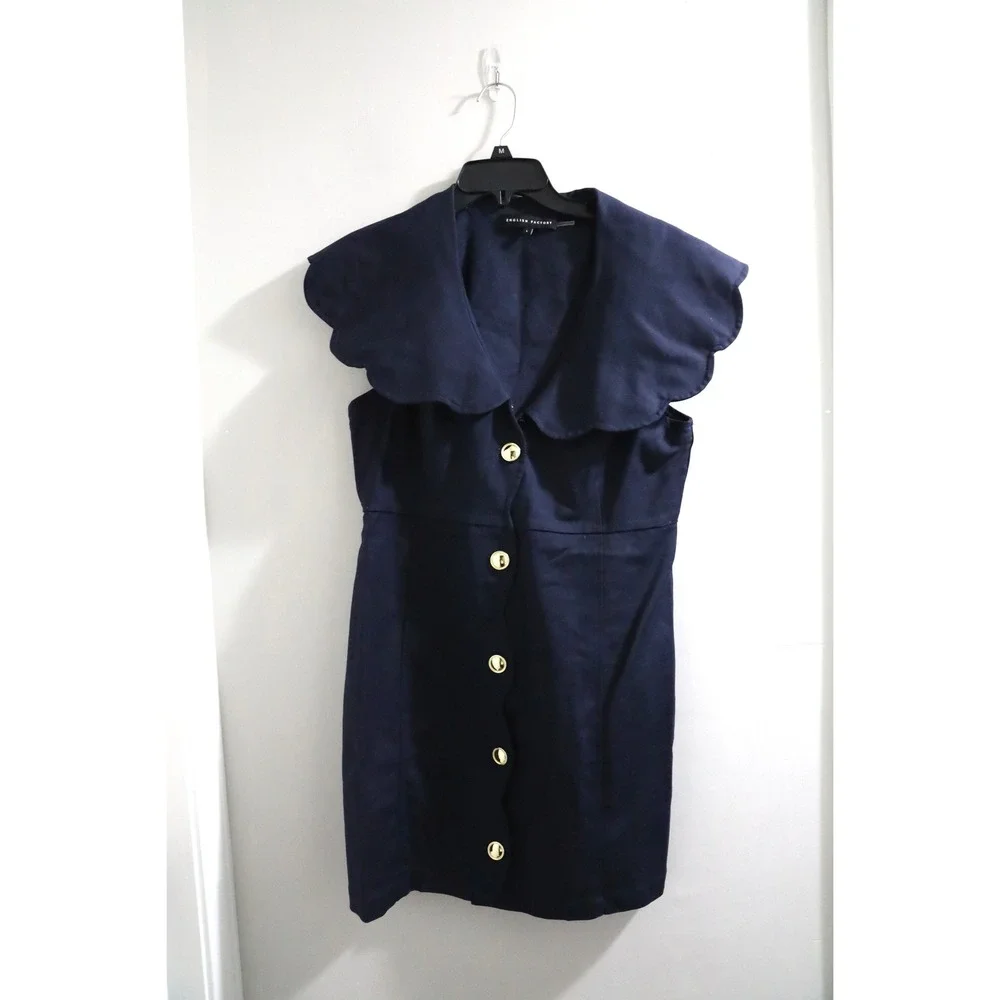 English Factory Navy Scallop Collar Button-Front Mini Dress - Picture 1 of 5
